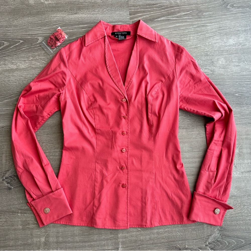 ETCETERA, coral, jacquard, long sleeve blouse gold with cufflinks, womens size 0